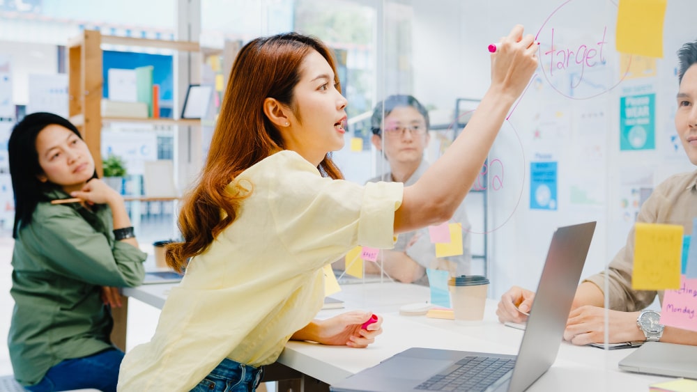 Business Acumen in Action - Female employee explaining the target during an office meeting.