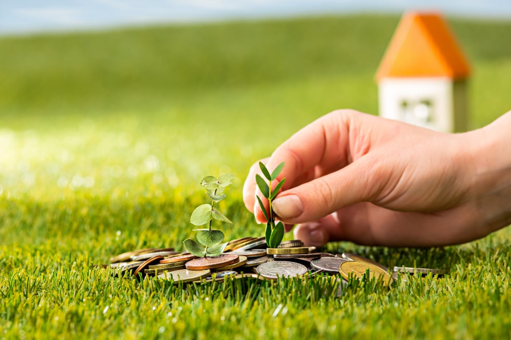 Financial Success: The image depicts a glass jar filled with coins, placed in green grass, symbolizing the growth of wealth and financial success