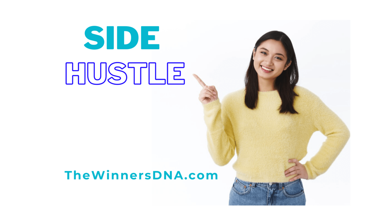 Smiling Asian woman in yellow sweater and jeans pointing to the best side hustle ideas.