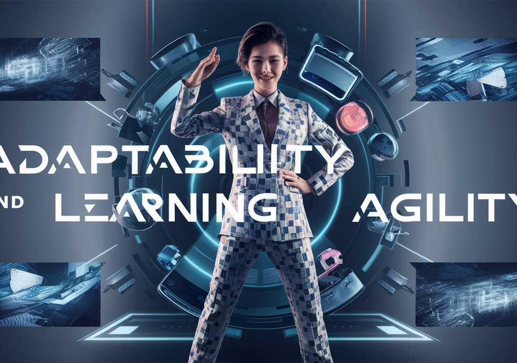 A sleek, futuristic poster featuring a young professional confidently displaying their adaptability and learning agility in the digital age. They are wearing a stylish suit with a pixelated pattern, standing in front of a backdrop of various digital devices and components. The words "Adaptability and Learning Agility" are prominently displayed in bold, futuristic font. Surrounding the text are various images of quickly changing digital elements, symbolizing the rapid pace of technology and the need for continuous learning in today's world.