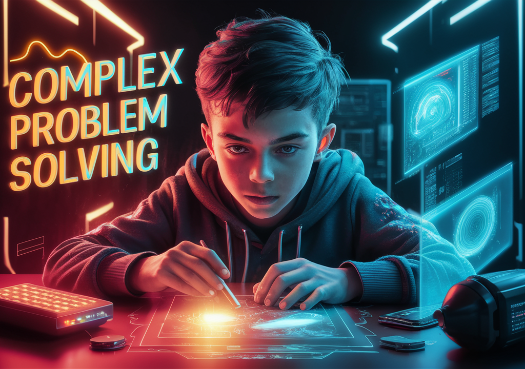 A visually captivating poster of a young and innovative lad, focusing intently on solving a complex problem. He is surrounded by futuristic gadgets, holographic projections, and a glowing neon background. The phrase "Complex Problem Solving" is written prominently in bold, neon letters, creating a sense of advanced technology and intellectual prowess. The overall ambiance of the image is vibrant, modern, and inspiring.