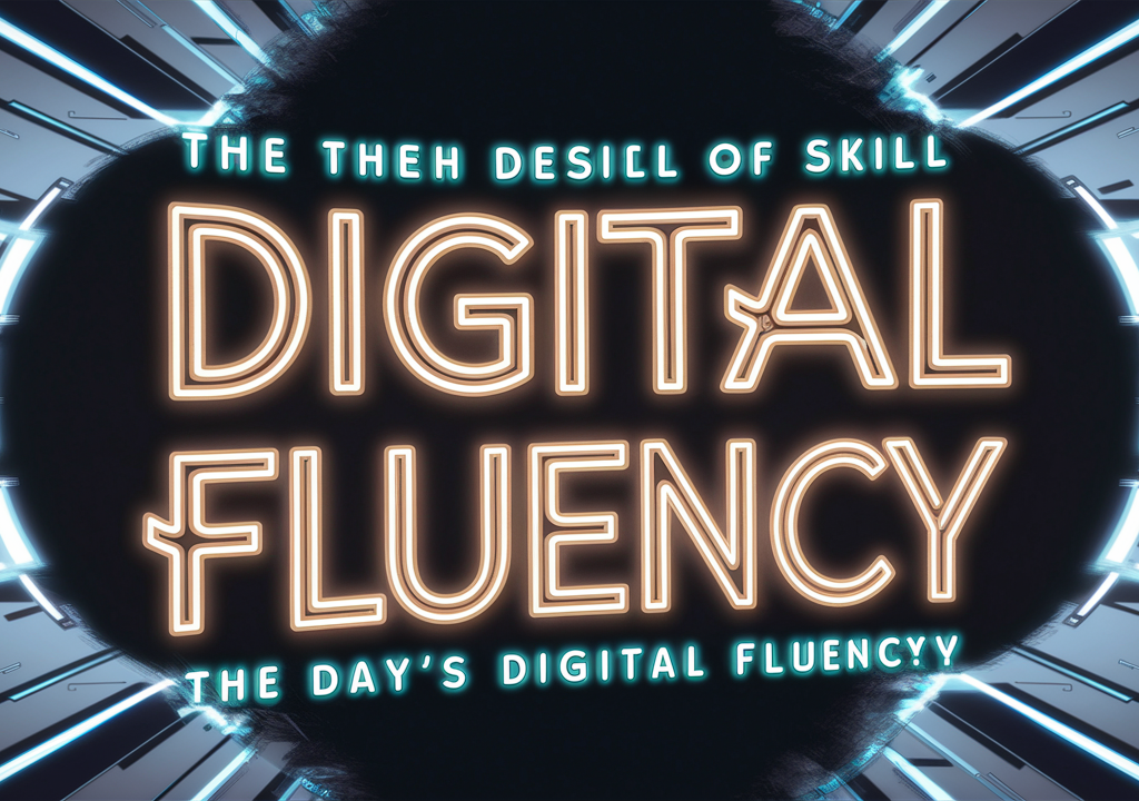 An eye-catching futuristic poster showcasing the skill of "Digital Fluency". The text is written in a font that resembles neon lights, with a contrasting color to the background. The background is a blend of abstract shapes and lines, representing the digital world. The overall design of the poster has a modern, sleek, and futuristic feel to it, emphasizing the importance of digital literacy in today's world.