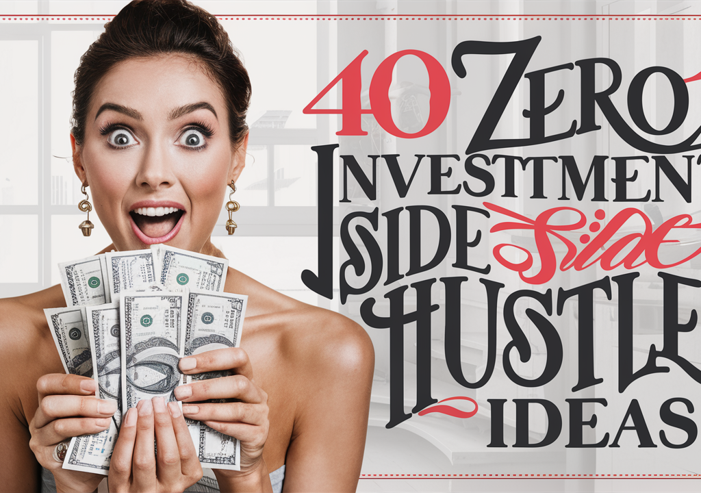 A captivating poster featuring a stunning woman with her eyes wide in surprise, holding a stack of money. She appears to be extremely enthusiastic about the 40 zero-investment side hustle ideas she's discovered. The background is clean and minimalist, with the words "40 Zero Investment Side Hustle Ideas" prominently displayed in bold, beautiful typography. The overall feel of the image is inspiring and motivating, encouraging viewers to explore these opportunities for financial growth and personal success.