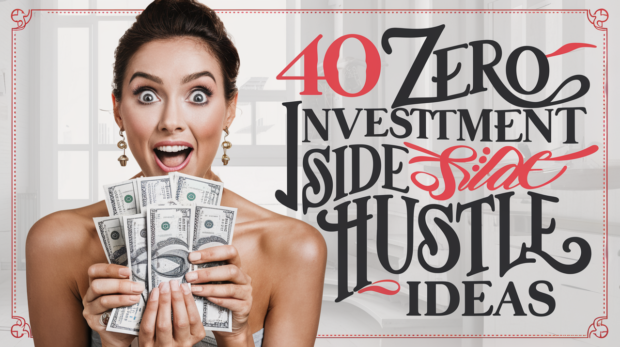 A captivating poster featuring a stunning woman with her eyes wide in surprise, holding a stack of money. She appears to be extremely enthusiastic about the 40 zero-investment side hustle ideas she's discovered. The background is clean and minimalist, with the words "40 Zero Investment Side Hustle Ideas" prominently displayed in bold, beautiful typography. The overall feel of the image is inspiring and motivating, encouraging viewers to explore these opportunities for financial growth and personal success.